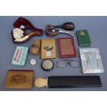A quantity of small collectables, 19th century and later including; a cased Meerschaum figural pipe,