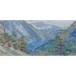 Tristram Ellis (1844-1922), Mountain and lake view, watercolour, signed, 17cm x 37cm.