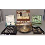 Silver plated wares, comprising; five cased sets of flatware and a bowl, (qty).