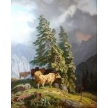 English School, (20th century), Cattle and drover in a mountainous landscape, gouache,