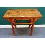 A 19th century Chinese mixed hardwood altar table, the rectangular top over pierced frieze,