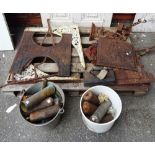 Metalware collectables, including; 19th century and later clock weights, firebacks, wall brackets,