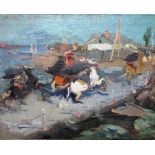 Continental School (19th/20th century), Horses and riders on a jetty, oil on canvas, unframed,