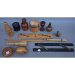 A quantity of treen collectables including; fruitwood boot templates (size 10 1/2),