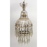 A pair of early 20th century glass pendant light fittings, hung with faceted drops, 32cm high.