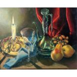 Vernon Holme (British, 20th Century) Still life of fruit, a glass jug and a candle,