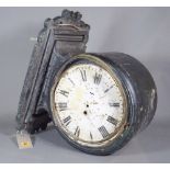 A Victorian ebonised double sided station clock case, lacking movement, (a.f).