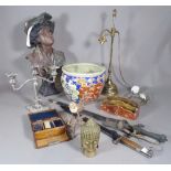 Collectables, including; a plaster bust of a boy, a plated table candelabra, an Asian jardiniere,