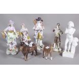 A group of five 20th century Continental porcelain figures and two Beswick figures of a horse and