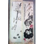 A Chinese scroll picture of chicks and birds and another depicting flowers,