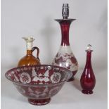 A 20th century ruby flashed glass bowl, a similar vase converted to a lamp and sundry, (qty).