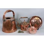 A late Victorian copper kettle, 38cm high, copper and brass kettle, another kettle,