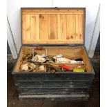 A wooden tool box, 75cm wide x 44cm deep x 48cm high containing carpentry and general tools (qty).