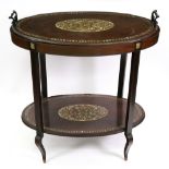 An Edwardian mahogany boxwood strung oval tray top two tier table,