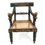 An Indian colonial green and gilt painted and decorated elbow chair, circa 1830,