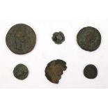 A collection of six Roman coins, including a 2nd century Sestertius.