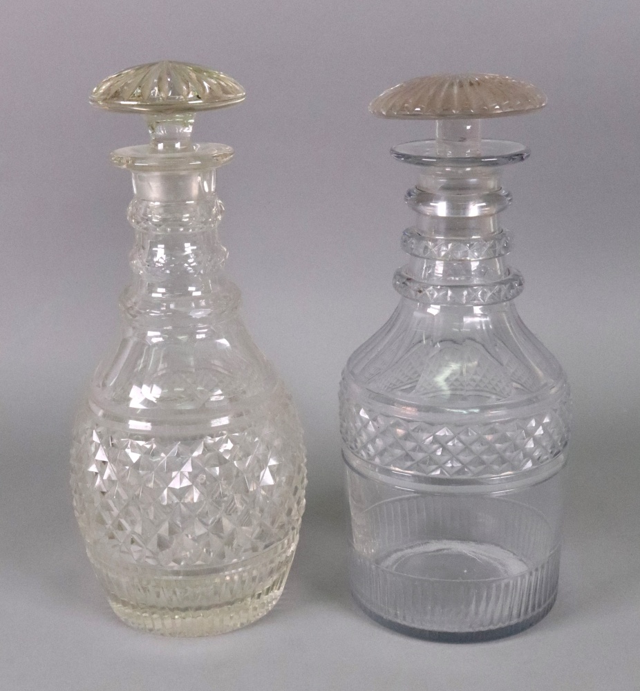 A George III glass decanter with triple ring neck and mushroom stopper,