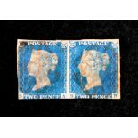 Great Britain; 1840 Queen Victoria 2d blue, pair, used, close margins left and bottom.