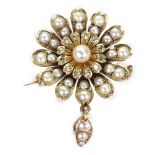 A cultured pearl and diamond floral style pendant brooch,
