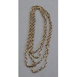 A gold oval link long chain, length approximately 144.5cm, 38.65g gross.