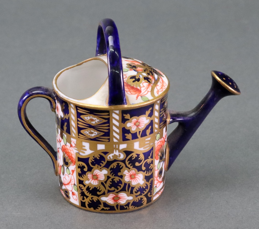 A miniature Royal Crown Derby Imari pattern 6299 watering can, 8cm high, a Dresden bell, - Image 3 of 12