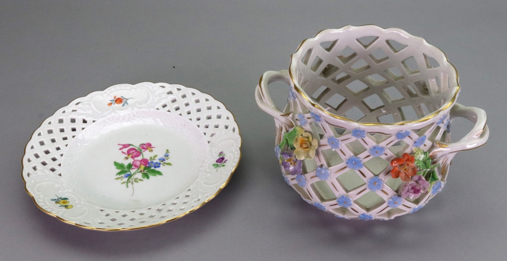 A Dresden two handled jardiniere, the trellis pierced sides applied with flowers, 19cm across, - Image 4 of 5