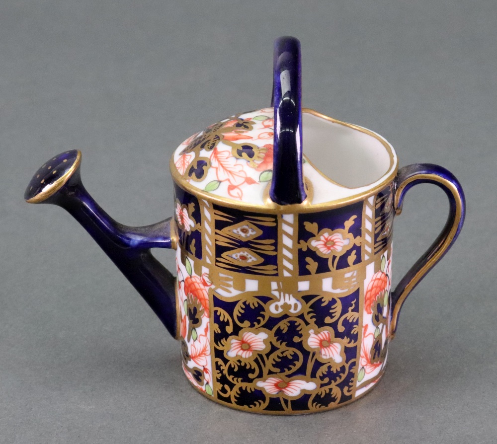 A miniature Royal Crown Derby Imari pattern 6299 watering can, 8cm high, a Dresden bell, - Image 2 of 12