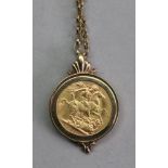 Queen Victoria sovereign 1890, mounted in yellow metal to be worn as a pendant with 9ct gold chain,