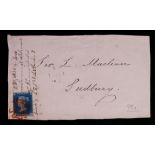 Great Britain; Queen Victoria 1840 2d blue, used, on front tied red m.c.