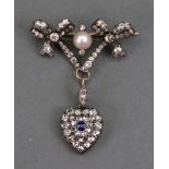 A diamond and cultured pearl brooch with a detachable diamond and sapphire heart shaped cluster