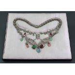 A silver, jade and multi-colour gemset necklace,