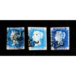 Great Britain; 1840 Queen Victoria 2d blues, three copies, mixed condition, mainly three margins,