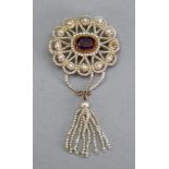 A seed pearl and gem set brooch,