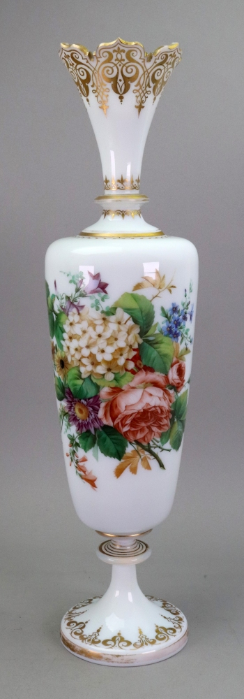 A Bohemian white opaline glass vase, circa 1870-80, gilt and painted with flowers, 48.5cm high.