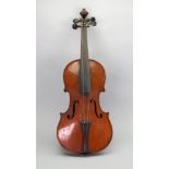 A violin, 60cm long and a violin bow, 71cm long (2).