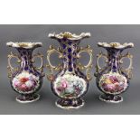 A garniture of three Chamberlains Worcester two-handled vases, circa 1840,