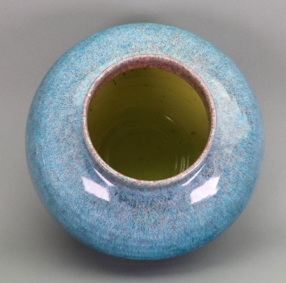 An Art Pottery oviform vase, the ribbed sides covered in a mottled blue/green running glaze, 18. - Image 2 of 3