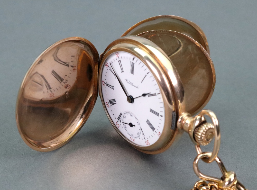 Waltham; a 14ct gold hunter cased keyless wind pocket watch, - Image 5 of 8