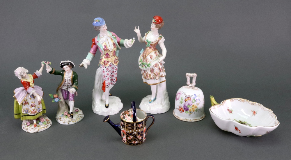 A miniature Royal Crown Derby Imari pattern 6299 watering can, 8cm high, a Dresden bell,
