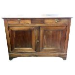 A French provincial fruitwood dwarf side cabinet, 19th century, with two shallow frieze drawers,