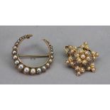 A 9ct gold and cultured pearl set brooch, in a crescent shaped design and a gold seed pearl pendant,