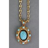 A Victorian, gold and turquoise oval pendant locket, with turquoise pave set centre,