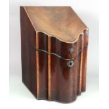 A George III mahogany tulipwood crossbanded and barber pole strung knife box, of serpentine outline,