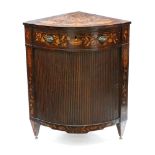 A Dutch walnut floral, bird and figural marquetry dwarf floor standing corner cabinet,