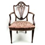 A Hepplewhite style mahogany open arm elbow chair, 19th century and later,