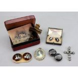A gold top mounted agate cross, two pairs of agate studs, one with a box,