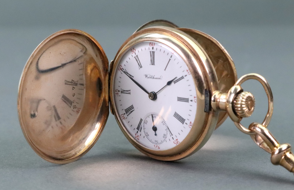 Waltham; a 14ct gold hunter cased keyless wind pocket watch, - Image 6 of 8