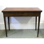 A George III mahogany boxwood banded and strung tea table, with hinged fold over top and end drawer,