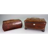 A William IV rosewood pewter strung and mother of pearl sewing box, of sarcophagus shape,