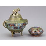 A Chinese cloisonne tripod censer, 20th century, decorated around the body with taotie masks,